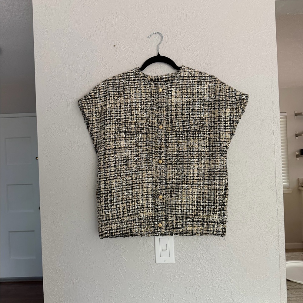 Zara collection black gold sequin tweed button down short sleeve blouse XS S - Picture 5 of 10